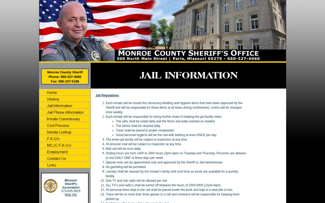Monroe County Jail legacy information page for roster verification