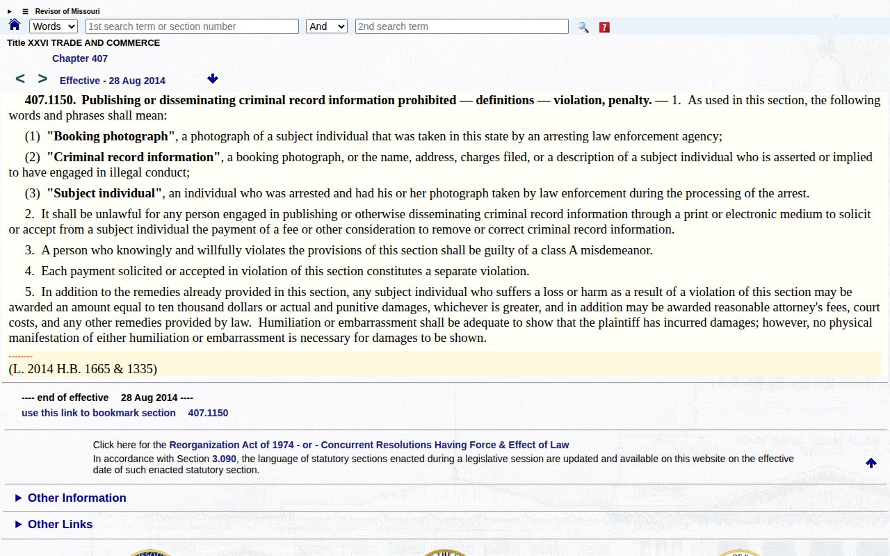 Missouri law on booking photographs and record correction